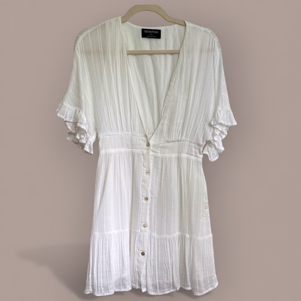MINKPINK Boho Ruffle Sleeve White Button Mini Dress S